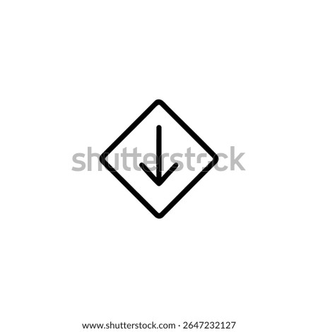 A monoline icon with a down arrow inside a diamond shape. Symbol for low priority or decreasing importance.