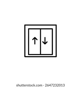 Um ícone monolínico de portas de elevador com setas para cima e para baixo. Símbolo simples de contorno para transporte público de elevador e interiores de edifícios.
