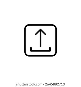 Ícone em linha mono com um símbolo de carregamento, uma seta para cima de uma bandeja base, delimitada por um quadrado com cantos arredondados. Isolado em um fundo branco.