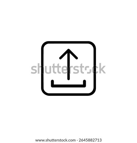 Monoline icon featuring an upload symbol, an upward arrow from a base tray, enclosed within a square with rounded corners. Isolated on a white background.