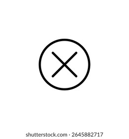 Monoline icon featuring an X mark or cross centered within a circle, often used for close or cancel actions. Isolated on a white background.