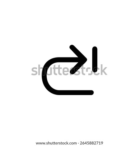 Monoline icon for a redo action, featuring a clockwise semicircular arrow whose bottom end extends right then turns up, terminating in a V-shaped arrowhead pointing right. 
