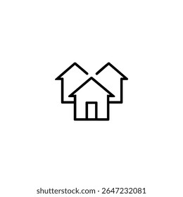 Um ícone monófilo representando um bairro com um aglomerado de três casas. Símbolo de estrutura de tópicos para área residencial comunitária e vida suburbana.