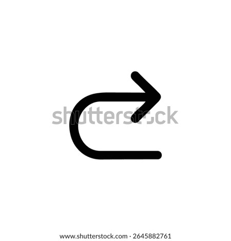 Monoline icon representing a redo action, depicted by a clockwise semicircular arrow turning into a V-shaped arrowhead pointing right. Isolated on a white background.