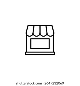 Um ícone monolínico de frente de loja com um toldo com uma borda recortada. Símbolo de estrutura de tópicos para um café boutique ou uma fachada para pequenas empresas.