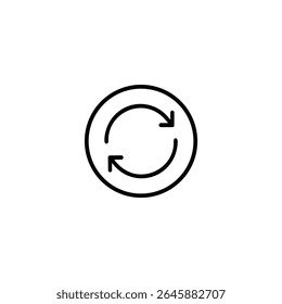 Ícone Monoline mostrando duas setas curvas no sentido horário em movimento circular contínuo dentro de um círculo externo, para atualização ou sincronização. Isolado em um fundo branco.