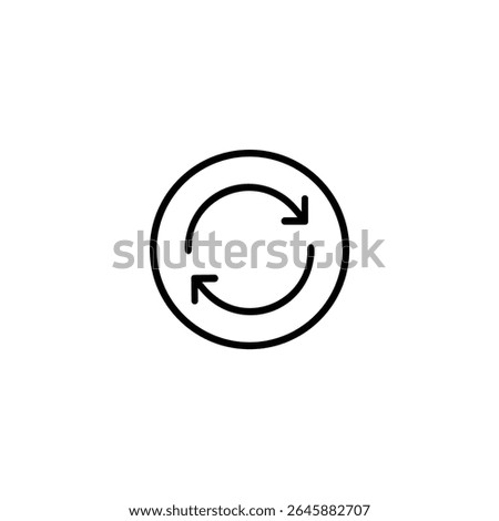 Monoline icon showing two clockwise curved arrows in continuous circular motion within an outer circle, for refresh or sync. Isolated on a white background.