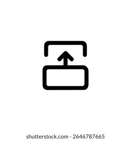 Een monolinepictogram met twee frames met een pijl-omhoog als symbool voor een scherm naar boven of een schuifovergang. Geïsoleerd op wit.