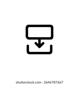 Um ícone monocromático mostrando dois quadros com uma seta para baixo, simbolizando uma tela para baixo ou uma transição de slide. Isolado no branco.