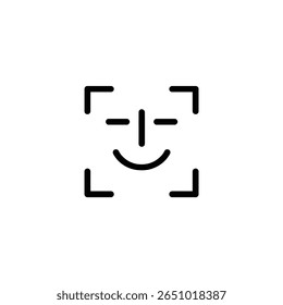 Monoline icon of a smiling face within scanner brackets, representing successful facial recognition or user authentication.