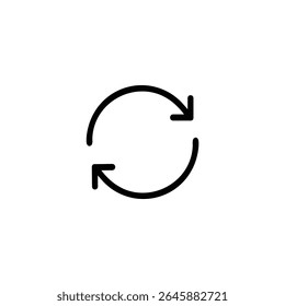 Ícone de linha única para sincronizar ou atualizar, apresentando duas setas circulares entrelaçadas, uma no sentido horário e outra no sentido anti-horário. Isolado em um fundo branco.