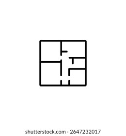 Um ícone monocromático de uma planta baixa arquitetônica de cima para baixo. Símbolo de estrutura de tópicos para design de interiores de arquitetura e layout de edifícios.