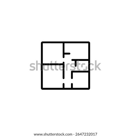 A monoline icon of a top-down architectural floor plan. Outline symbol for architecture interior design and building layout.