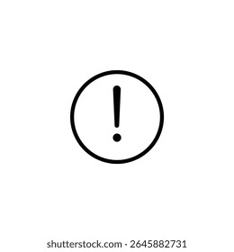 Ícone de linha única de um símbolo de aviso, um ponto de exclamação centralizado dentro de um círculo. Isolado em um fundo branco.
