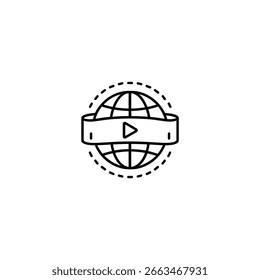 Ein Monolinsymbol einer Drahtgitterkugel mit einem Banner, das eine Wiedergabetaste enthält, die das globale Streaming von Medien symbolisiert.[8][9]