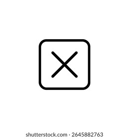 Ícone de linha única de uma marca X ou cruz delimitada por um quadro quadrado com cantos arredondados. Isolado em um fundo branco.