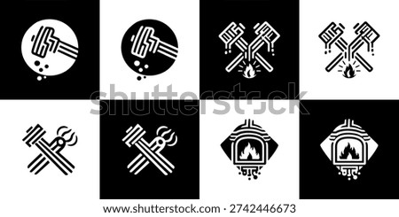 Monoline icons representing the blacksmith trade and metalworking process, featuring hammers, tongs, fire, and the essential forge or furnace structure.
