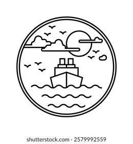 Monoline Illustration Design of a shipping cargo ship loaded with containers on a tropical beach island.