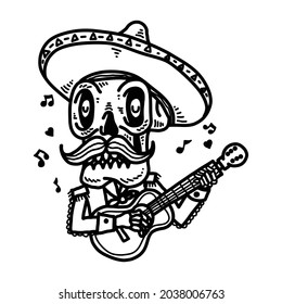 Monoline illustration of Mexico skull guitarist vector design. Dia de Los Muertos. Mexican Day of the Dead. Vector hand drawn illustration on dark background.