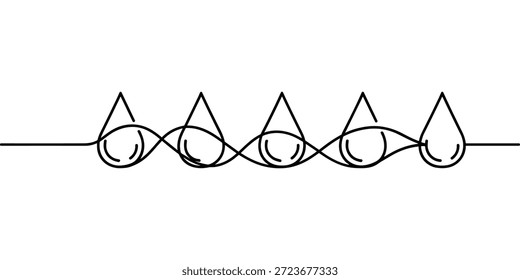 Ilustração monocromática mostrando linha ondulada contínua conectando cinco gotas de água limpa pureza abstrata e vetor de símbolo de umidade
