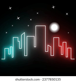 Monoline illustration of skyscraper with neon effect and moon in the dark