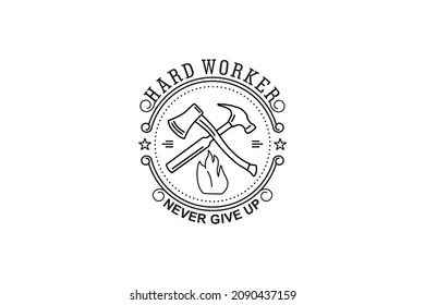 The monoline image of an ax and a hammer symbolizes hard workers. This image can be for a logo or for other graphic purposes.