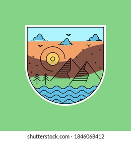 Monoline landscape badge design vector for print sticker