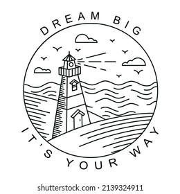 Monoline lighthouse with flying birds and clouds