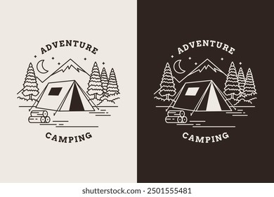 Logotipo monoline de acampar en la naturaleza con árboles y montañas