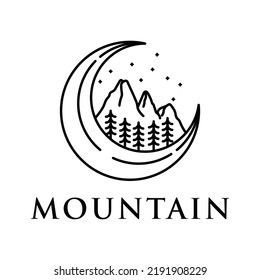 Monoline-Logo auf Halbmond und Berg einzeln auf weißem Hintergrund