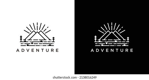Monoline Logo Design Vorlage für Bergabenteuer. Premium-Vektorgrafik