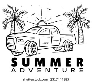 Monoline Logo Sketch with Adventure and Summer Images. Perfect for T-shirt Design