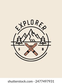 Monoline logo vintage mountain and tree for your business or community explorer