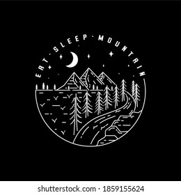 Monoline Mountain Logo Vector Illustration Design, Night Outdoor Emblem Design