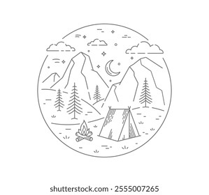 Monoline nature composition illustration camping in a tent design. Illustration on the theme of mountains, tent, fire, moon.