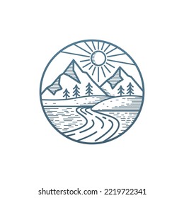 Monoline nature with creek mountain and tree design for t-shirt, badge, sticker, printing merchandise.