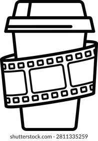 Monoline Outline Icon of a Coffee Paper Cup Wrapped in a Celluloid Film Strip on White Background