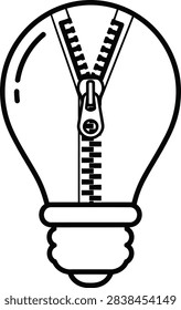 Monoline Outline Icon of a Light Bulb With a Vertical Zipper Partially Unzipped to Reveal an Inner Opening