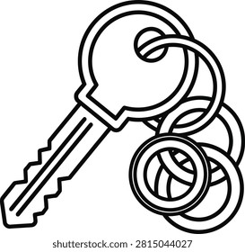 Monoline Outline Icon of a Modern House Key With Decorative Interlocking Circles Keychain Charm on White Background