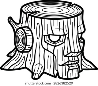 Monoline Outline Icon of a Robotic Head Shaped Like a Tree Stump With Wood Bark and Annual Rings