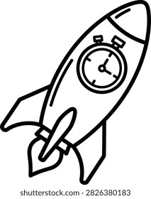 Monoline Outline Icon of a Rocketship Stopwatch Timer With Aerodynamic Fins and Sleek Spacecraft Fuselage Shape