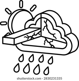 Monoline Outline Icon of a Three Dimensional Sun Behind a Rain Cloud With Suspended Raindrops and Structural Volume