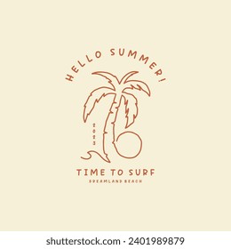 Monoline of palm tree, wave and sun. Design template for surf club, surf shop, surf merch.