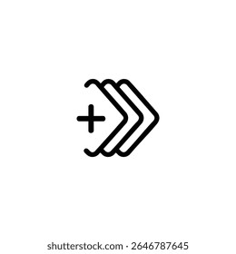 A monoline plus sign next to three chevrons, symbolizing the addition of a motion sequence or effect. Isolated on white.