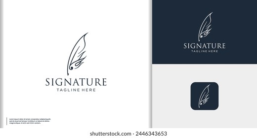 monoline quill signature feather pen logo design template.