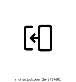 A monoline rectangle with a left-pointing arrow, symbolizing a leftward screen or slide transition. Isolated on a white background.