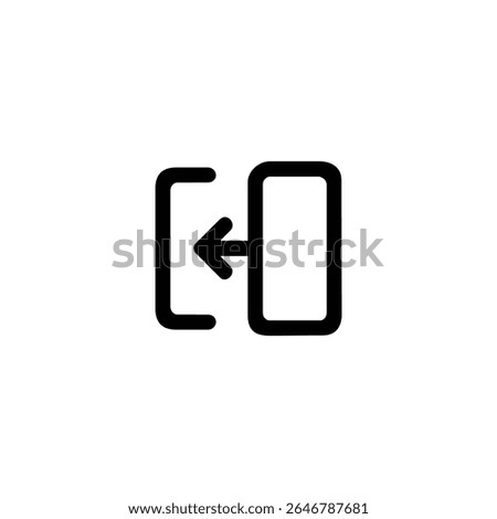 A monoline rectangle with a left-pointing arrow, symbolizing a leftward screen or slide transition. Isolated on a white background.