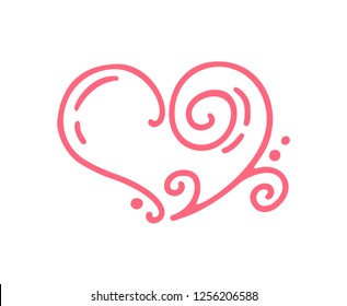 monoline Red Vector Valentines Day Hand Drawn Calligraphic Vintage Heart. Holiday Design element valentine. Icon love decor for web, wedding and print. Isolated Calligraphy illustration.