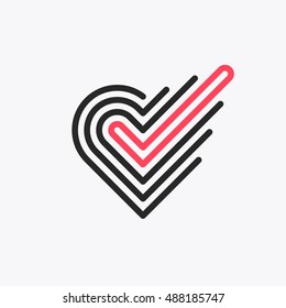 Monoline Romantic Choice Logo, Vector Symbol Of Heart With Checkmark, Line Graphical Love Emblem. 