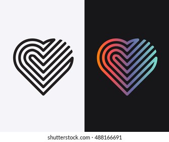 Monoline romantic logo, vector symbol of kind and tender heart, line graphical gradient and black love emblem. 